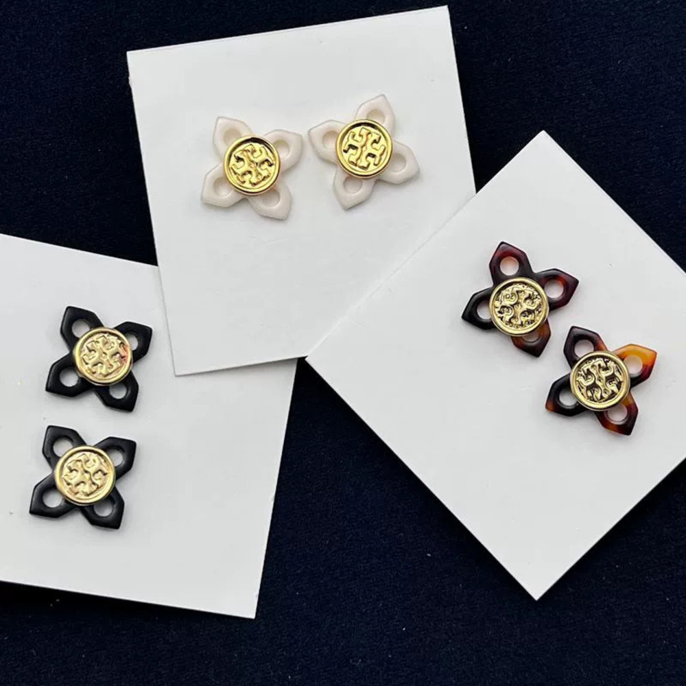 Tory Burch Hollow Acrylic 4 Leaf Clover Letter Flower Stud Earrings Pair